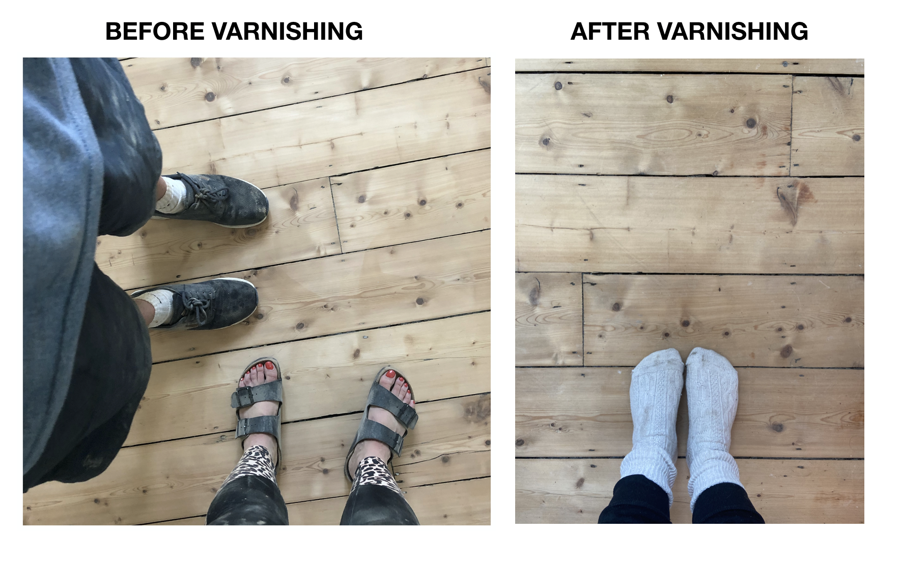 before and after varnishing floorboards